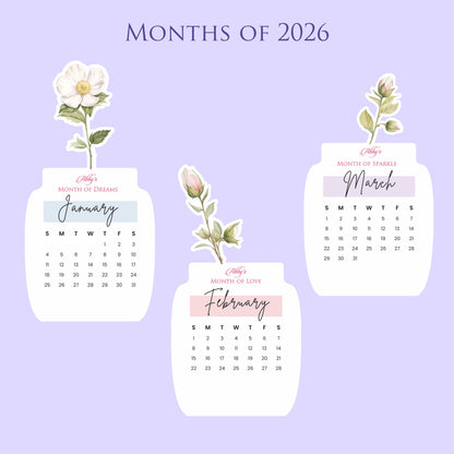 Customized 2026 Calendar for Desk – Floral Vase & Wooden Stand