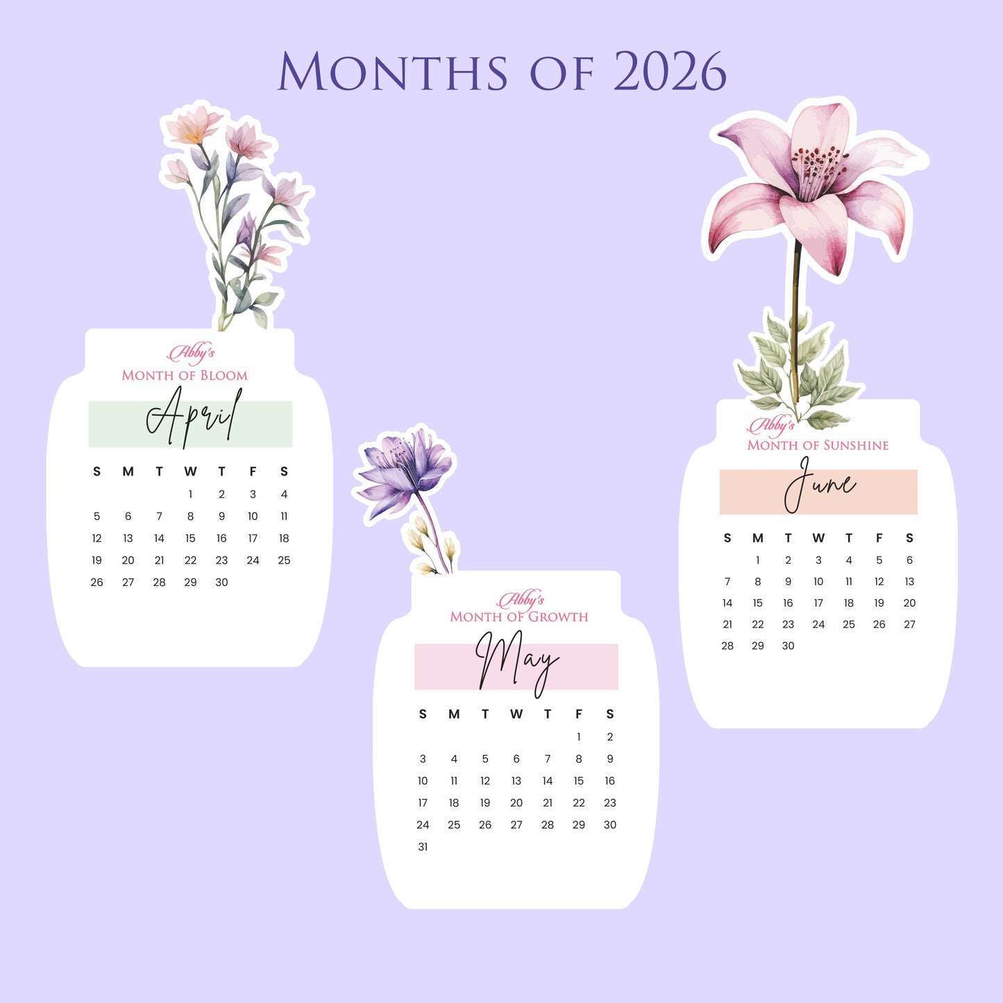 Customized 2026 Calendar for Desk – Floral Vase & Wooden Stand