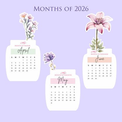 Customized 2026 Calendar for Desk – Floral Vase & Wooden Stand