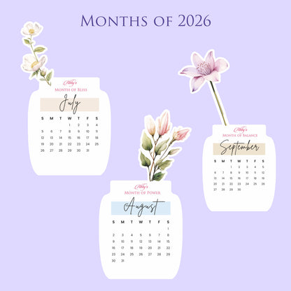 Customized 2026 Calendar for Desk – Floral Vase & Wooden Stand