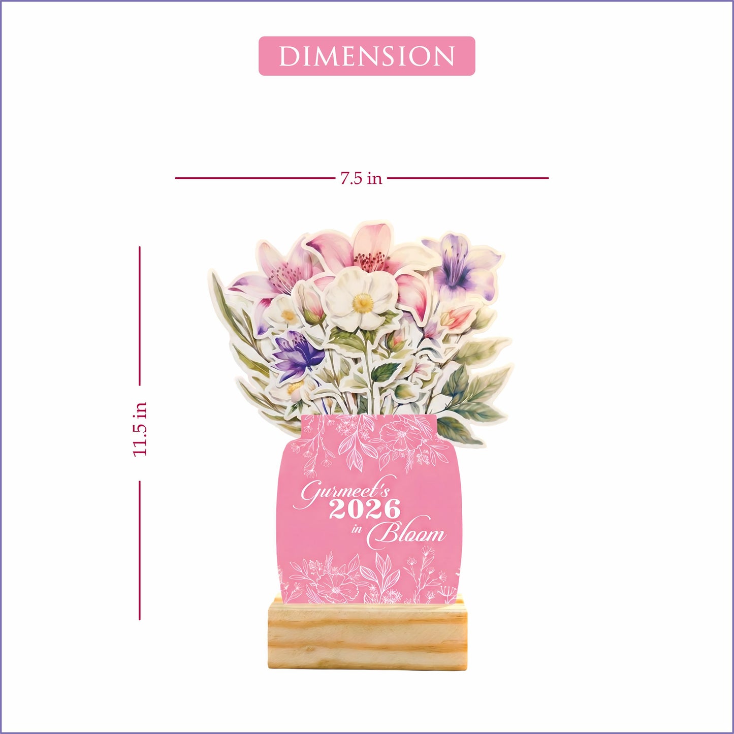 Customized 2026 Calendar for Desk – Floral Vase & Wooden Stand