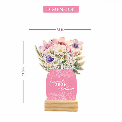Customized 2026 Calendar for Desk – Floral Vase & Wooden Stand