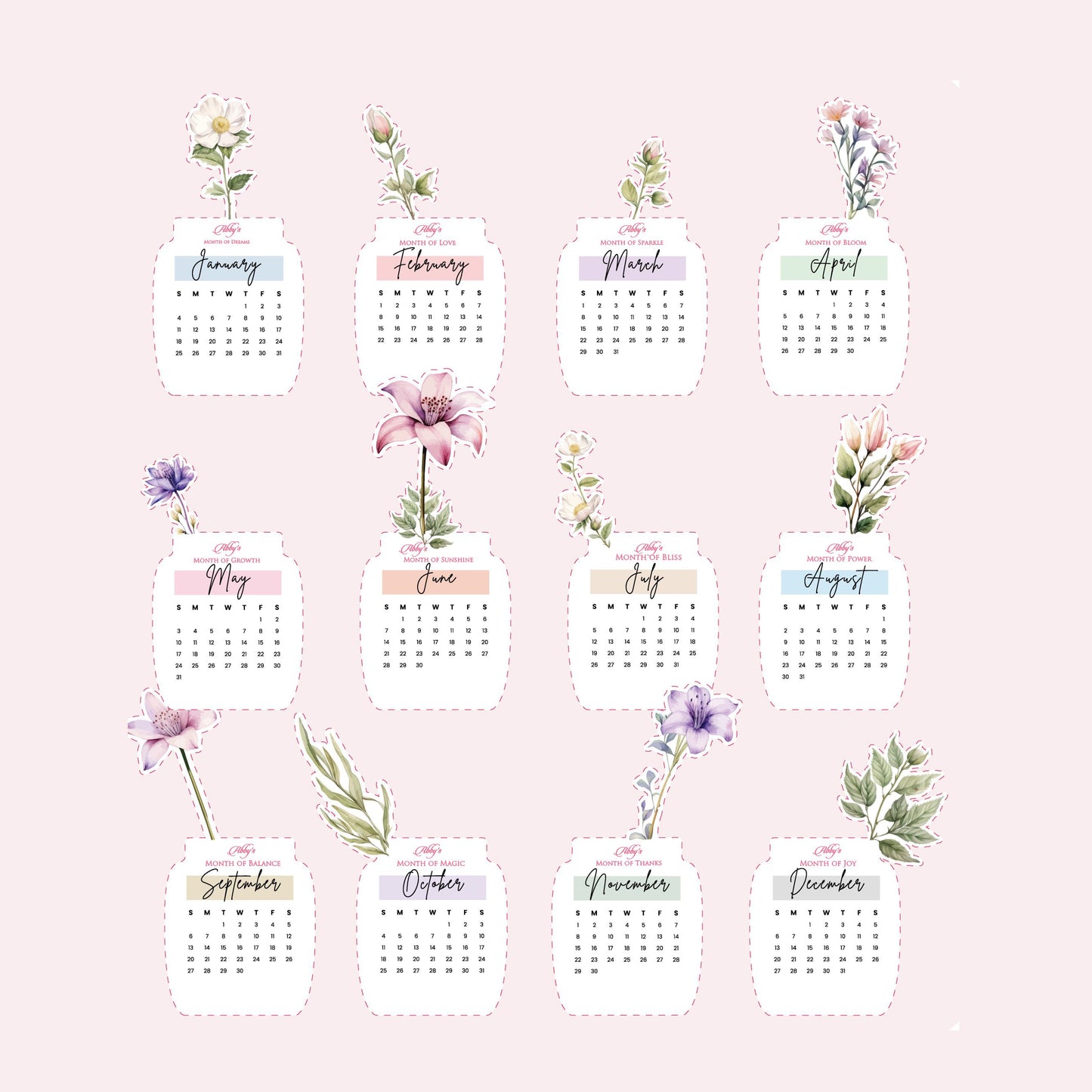 Customized 2026 Calendar for Desk – Floral Vase & Wooden Stand
