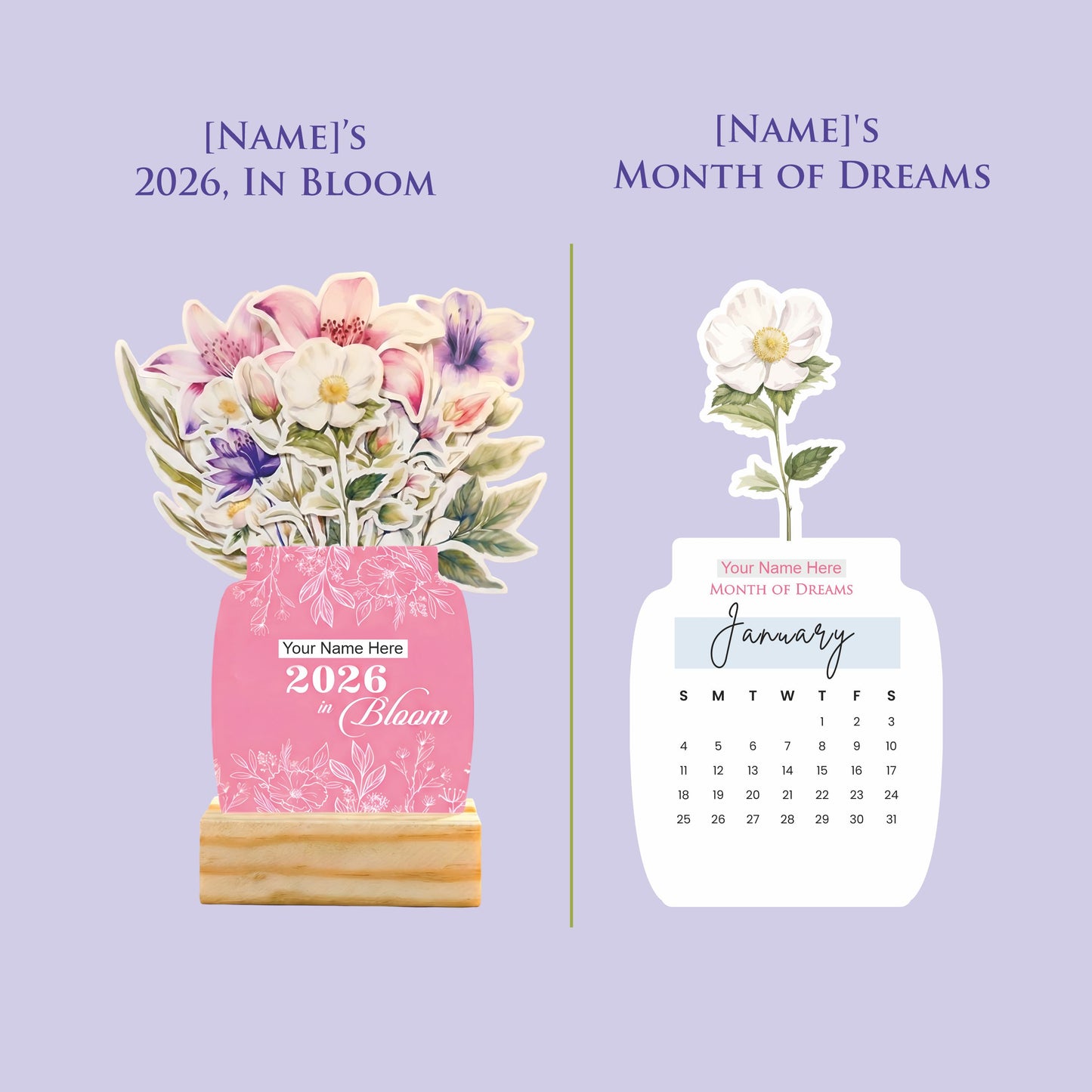 Customized 2026 Calendar for Desk – Floral Vase & Wooden Stand