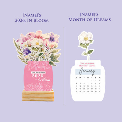 Customized 2026 Calendar for Desk – Floral Vase & Wooden Stand
