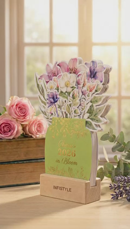 Customized 2026 Calendar for Desk – Floral Vase & Wooden Stand