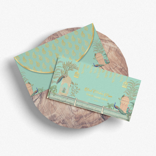Pastel Turquoise Peacock Garden Shagun Envelope with Best Wishes Message