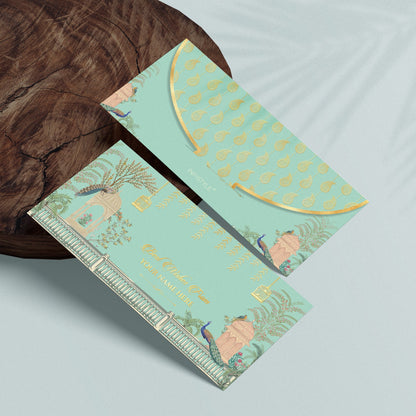 Pastel Turquoise Peacock Garden Shagun Envelope with Best Wishes Message
